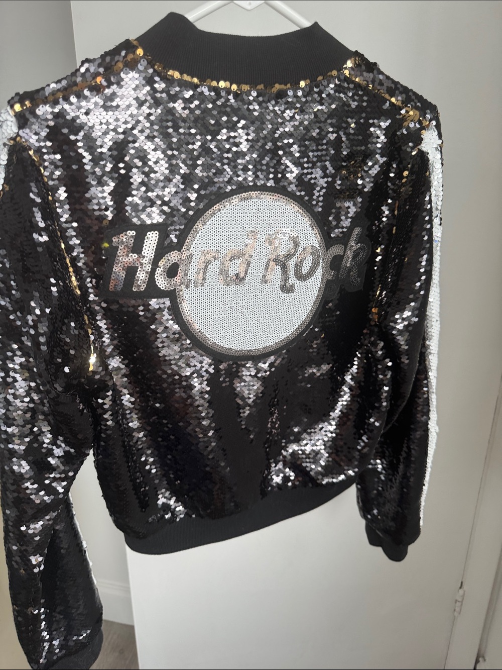 Hard Rock Cafe Black/Gold Sequin Bomber Jacket with White Sleeve Stripe